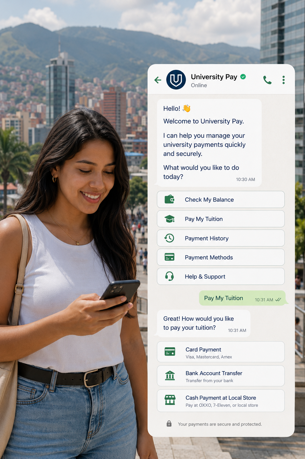 University Pay WhatsApp payment journey