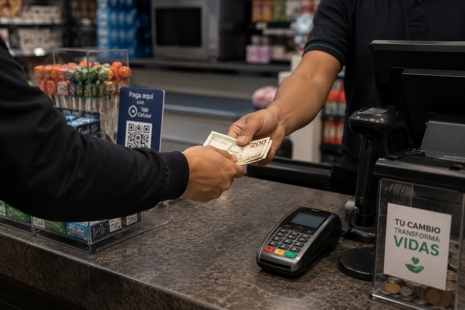 Customer paying cash at a retail counter